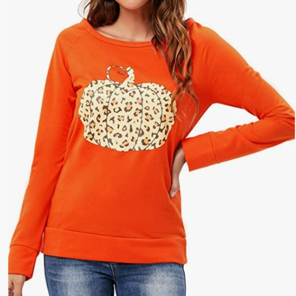 NWT Fleece Lined Cheetah Print Pumpkin Fall Halloween Jumper Pullover Sweater - Picture 4 of 4